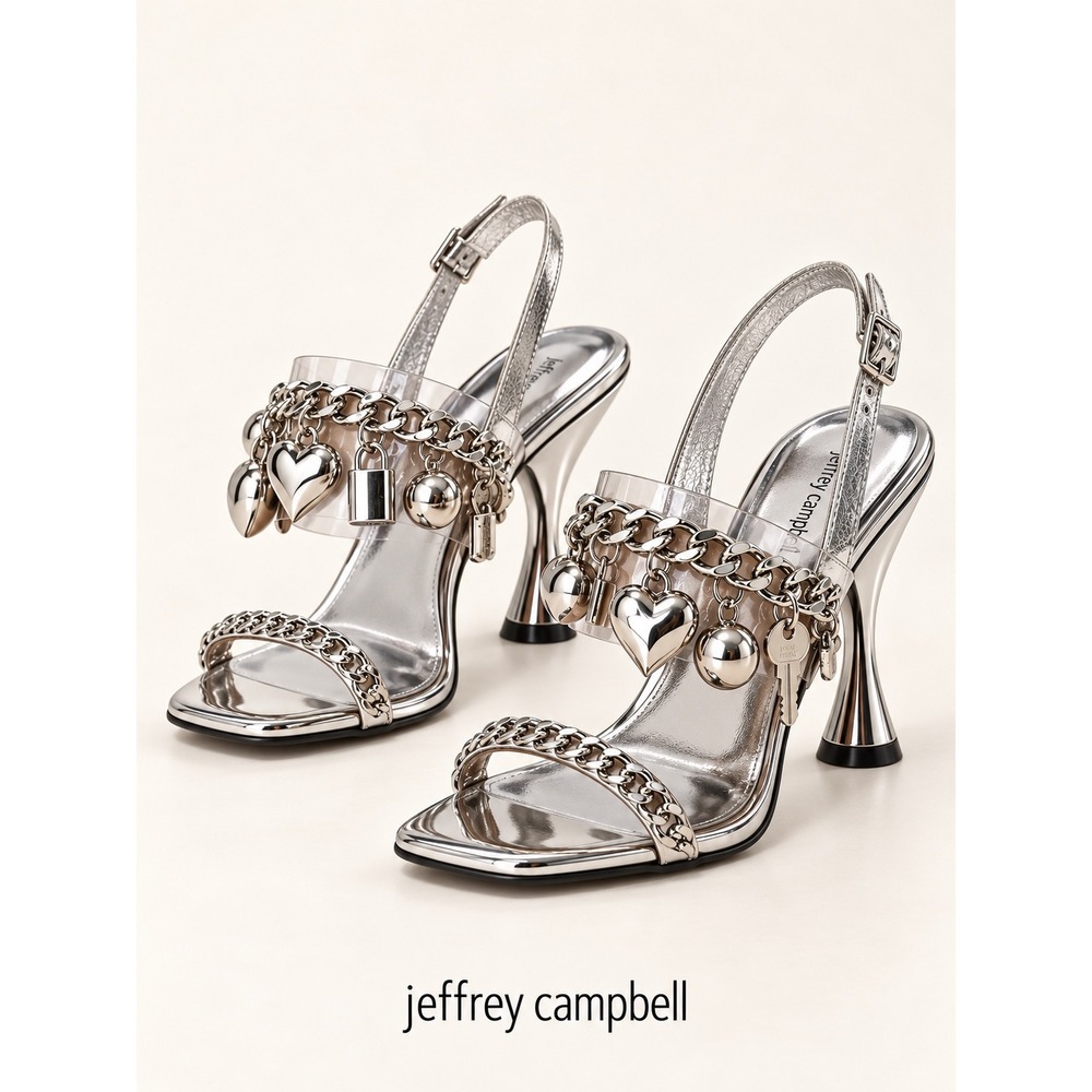 Jeffrey Campbell Silver Metallic Charm Chain Square Toe Flared Heel Sandals